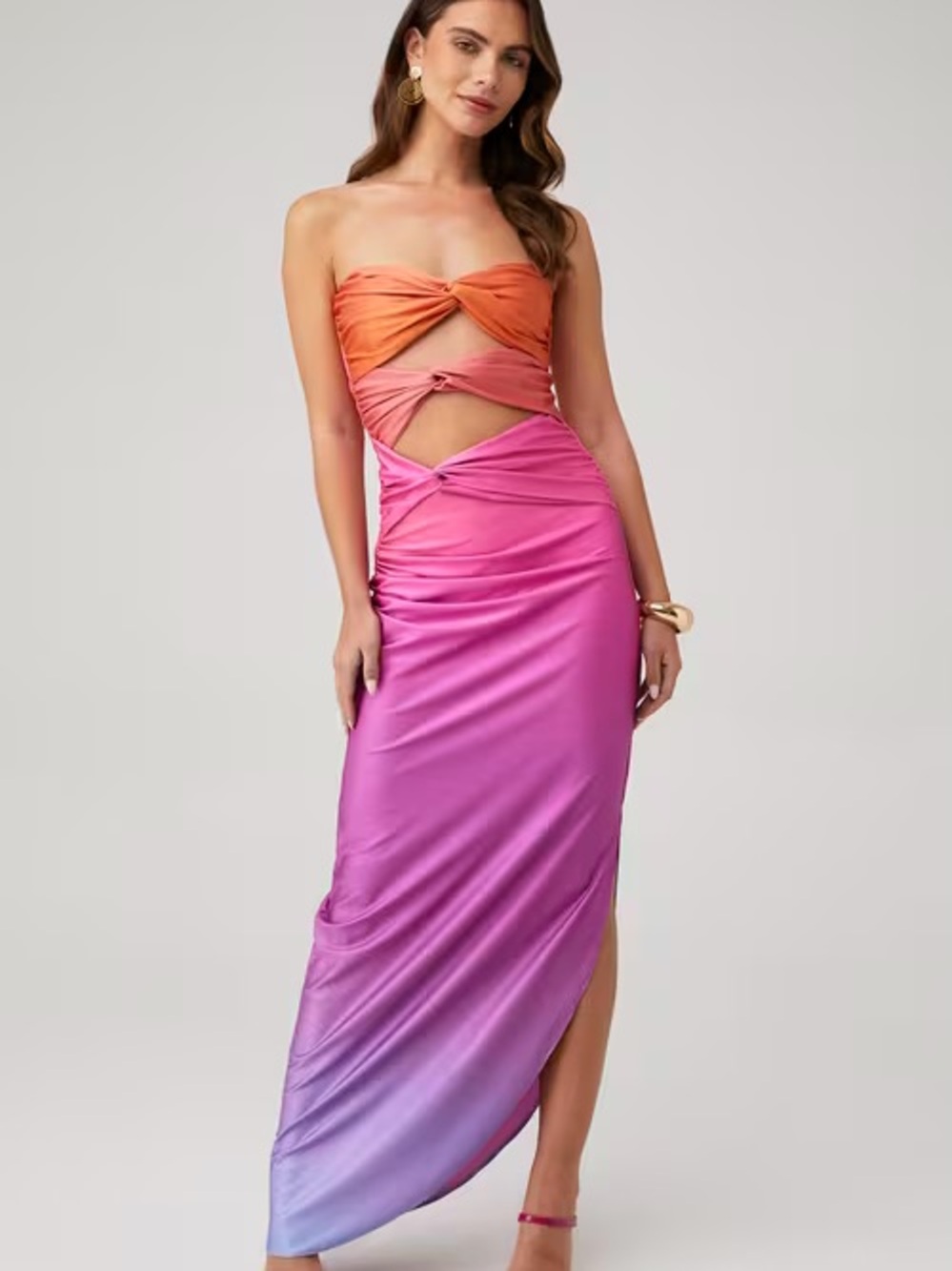 Baobab Collection Strapless Ombre Twist Cutout Maxi Dress - Pink & Orange